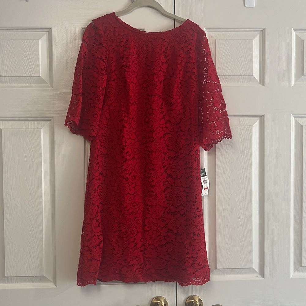 NWT Ralph Lauren red lace bell 3/4 sleeve knee length cocktail work dress 10 - Picture 5 of 10